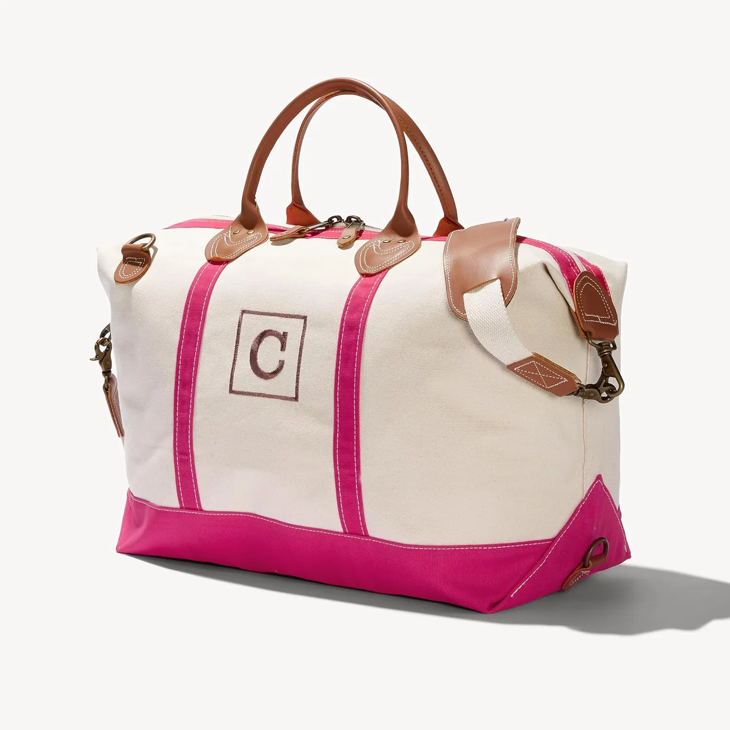 Personalization Universe Initial Weekender Embroidered Canvas Duffel Bag- Pink