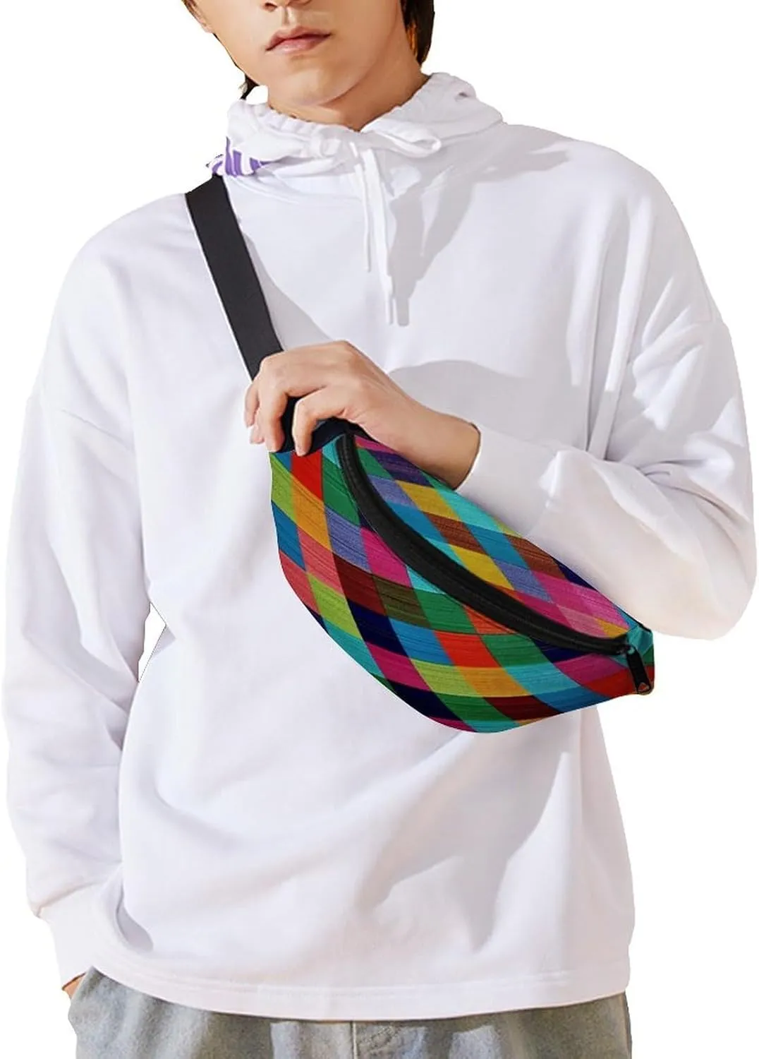 Personalized Waist Packs with Adjustable Strap,Colorful Plaid CrossBody Fanny Pack Casual Bag for Travel Sports Running Hiking