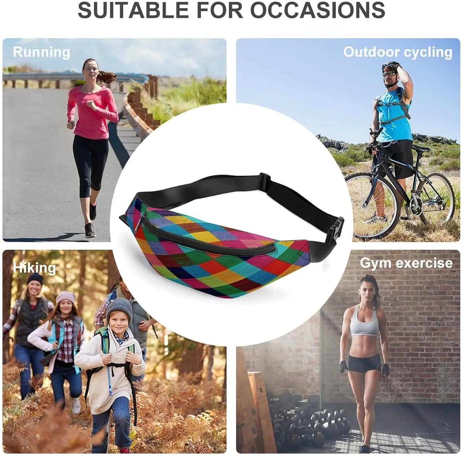 Personalized Waist Packs with Adjustable Strap,Colorful Plaid CrossBody Fanny Pack Casual Bag for Travel Sports Running Hiking