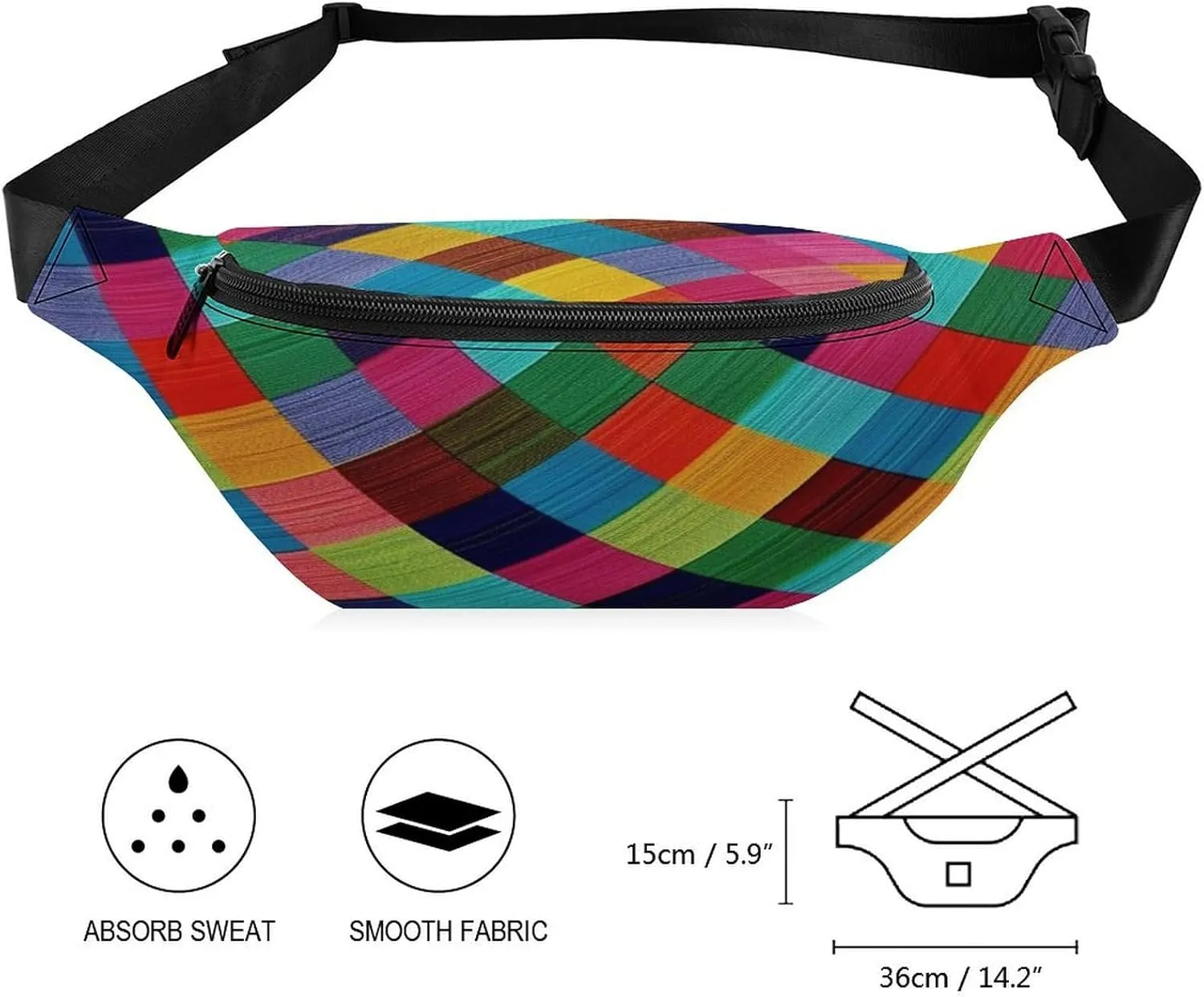 Personalized Waist Packs with Adjustable Strap,Colorful Plaid CrossBody Fanny Pack Casual Bag for Travel Sports Running Hiking