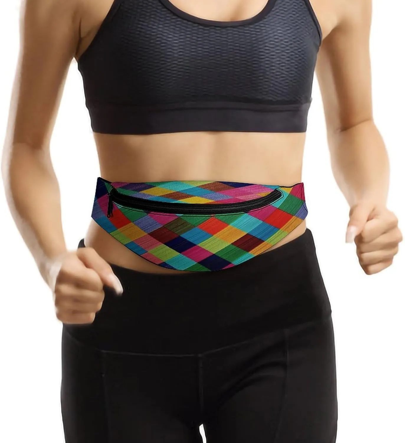 Personalized Waist Packs with Adjustable Strap,Colorful Plaid CrossBody Fanny Pack Casual Bag for Travel Sports Running Hiking
