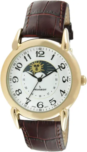 Peugeot Men's 14k Gold Plated Vintage Leather Dress Watch