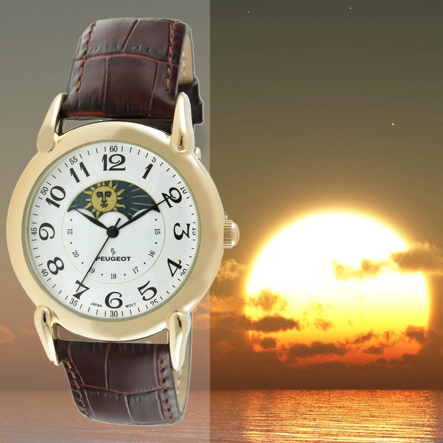 Peugeot Men's 14k Gold Plated Vintage Leather Dress Watch