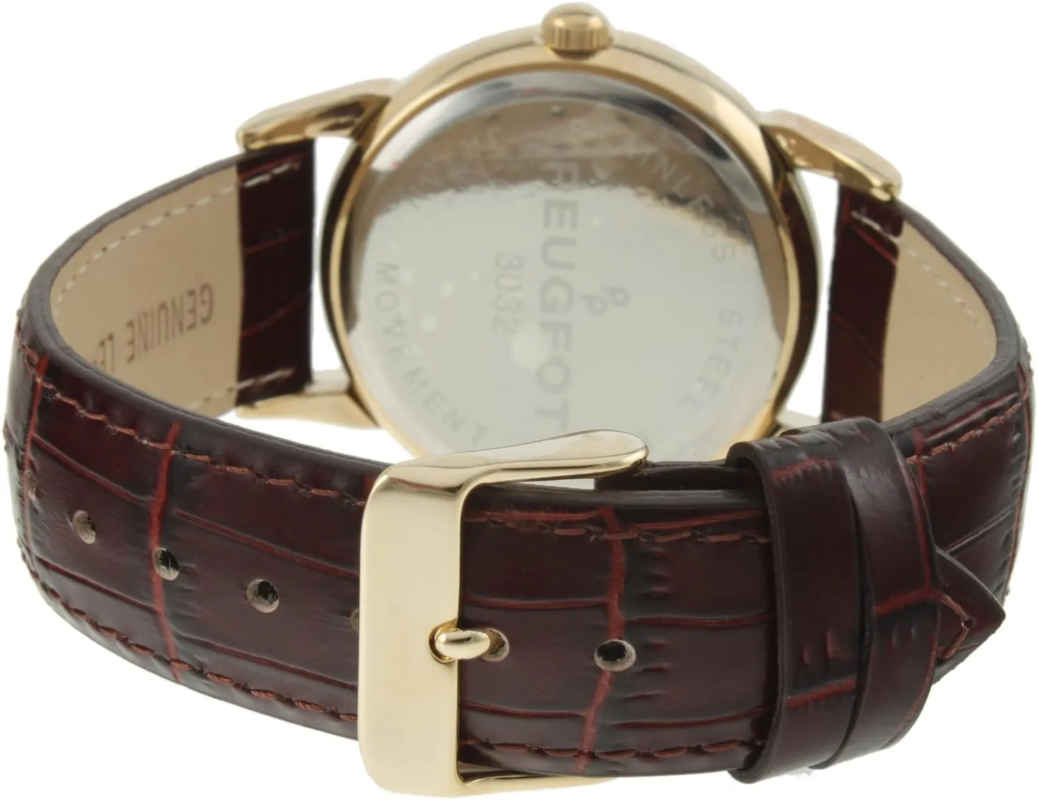 Peugeot Men's 14k Gold Plated Vintage Leather Dress Watch