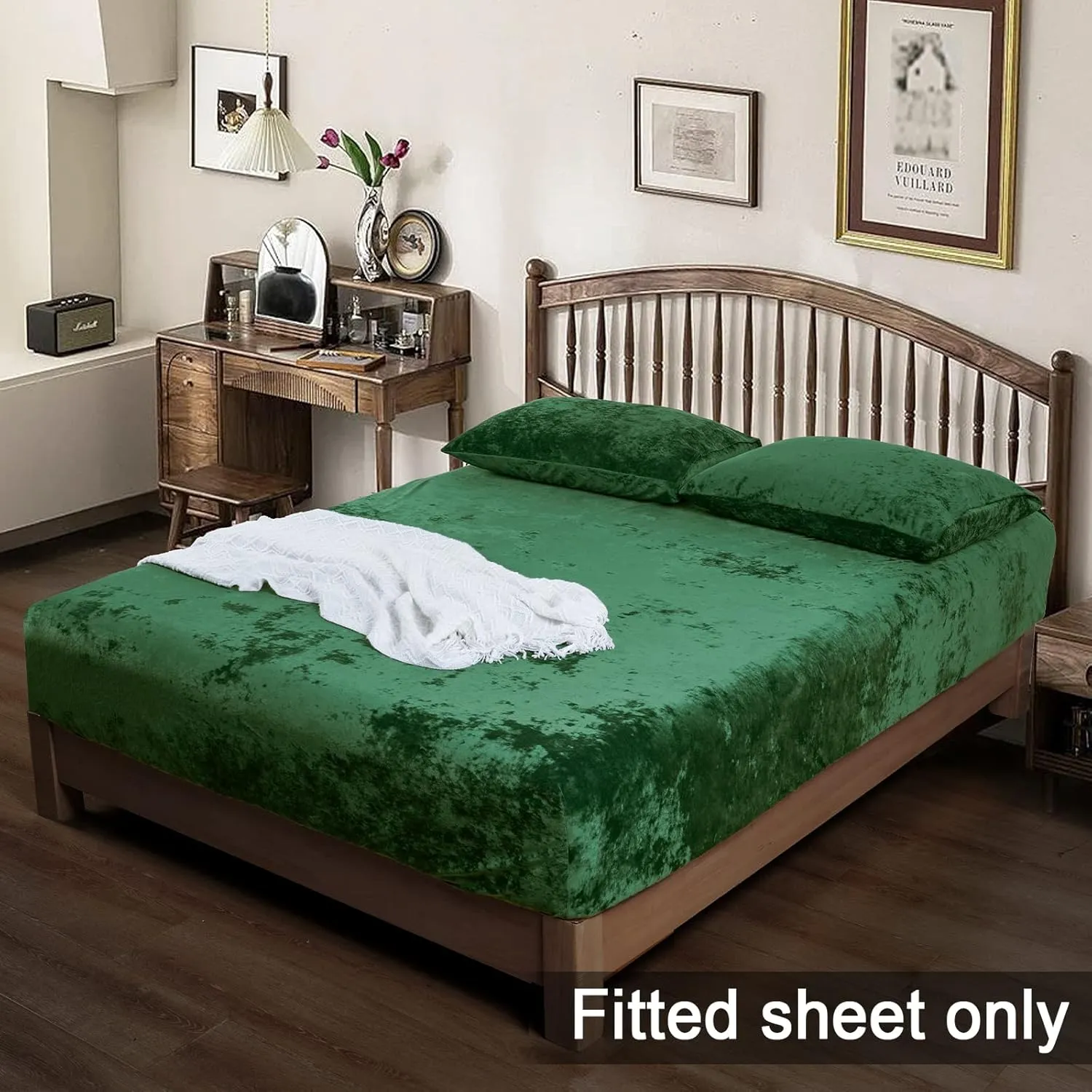 PHF Truly Velvet Fitted Sheet Only Queen Size, Luxury Super Soft Cozy Comfy Flannel Bottom Sheet with 15" Deep Pocket,Suitable for Fall Winter and Spring, No Pillowcases, Emerald Green