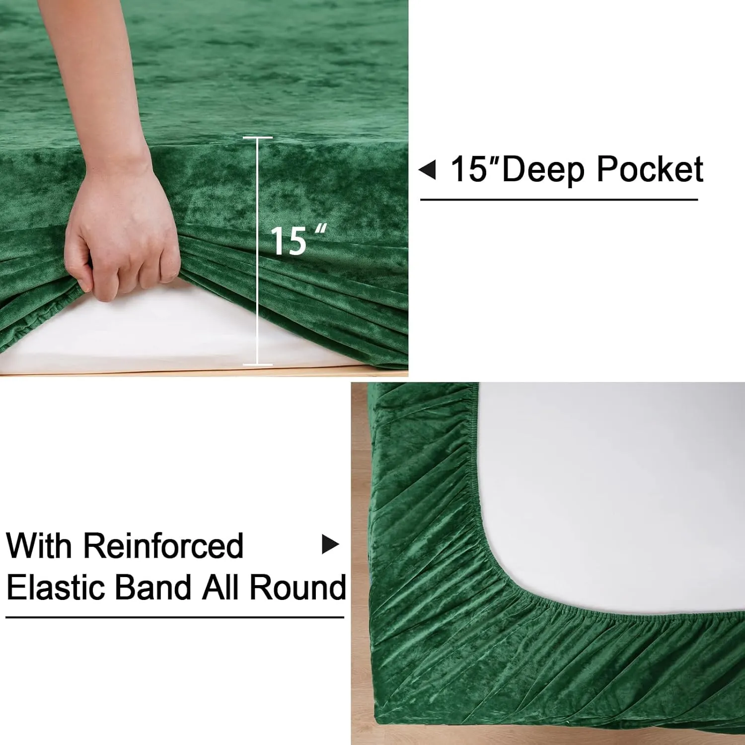 PHF Truly Velvet Fitted Sheet Only Queen Size, Luxury Super Soft Cozy Comfy Flannel Bottom Sheet with 15" Deep Pocket,Suitable for Fall Winter and Spring, No Pillowcases, Emerald Green