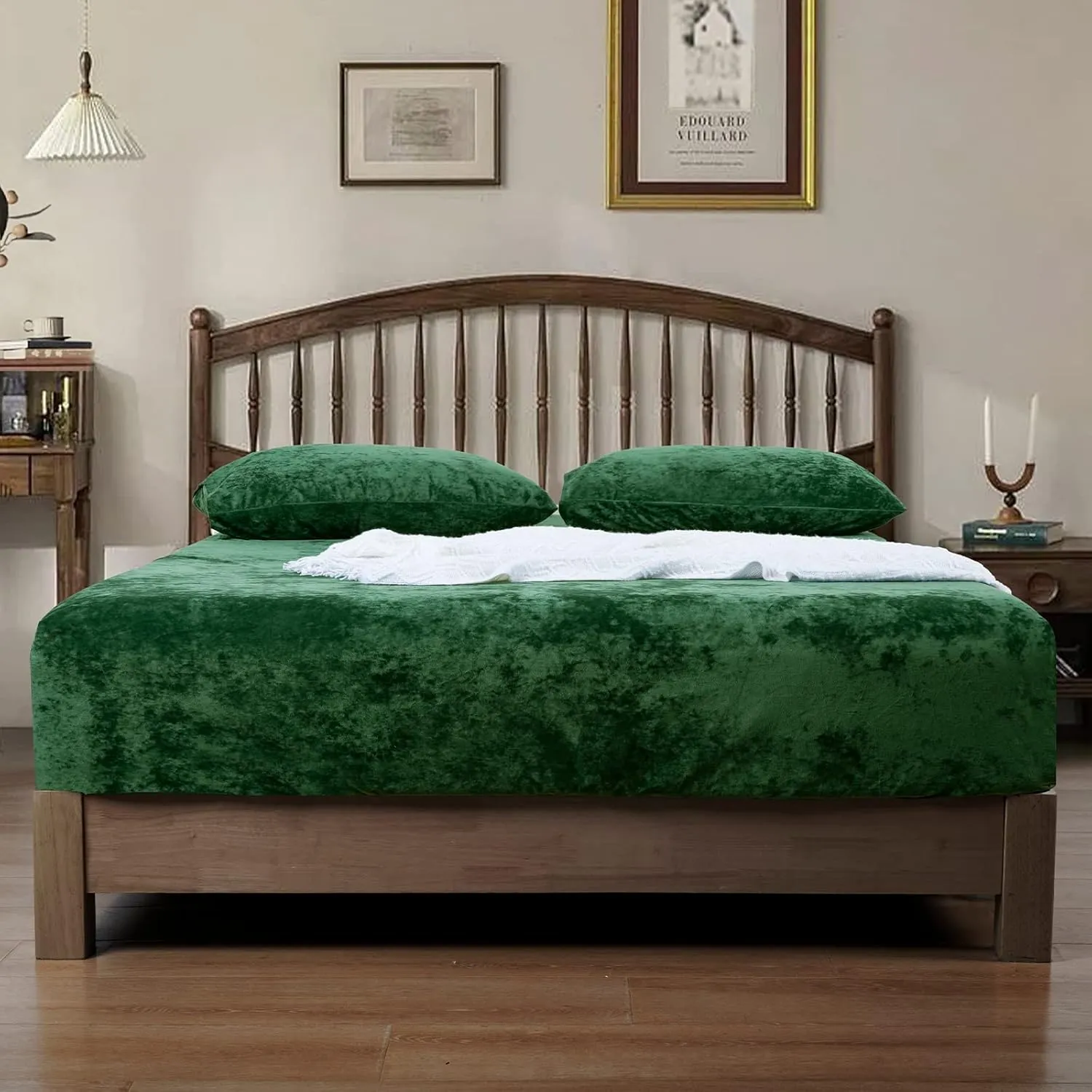 PHF Truly Velvet Fitted Sheet Only Queen Size, Luxury Super Soft Cozy Comfy Flannel Bottom Sheet with 15" Deep Pocket,Suitable for Fall Winter and Spring, No Pillowcases, Emerald Green