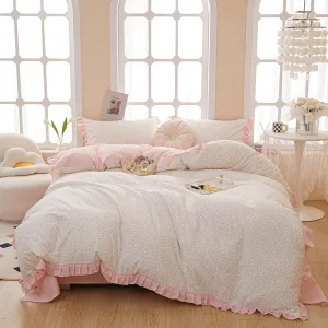 Pink Floral Queen Duvet Cover Pink Ruffle Coquette Comforter Cover Queen Size Cotton Boho Aesthetic Cute Duvet Cover Set with 4 Corner Ties Soft Queen Bedding Set Striped Duvet Protector