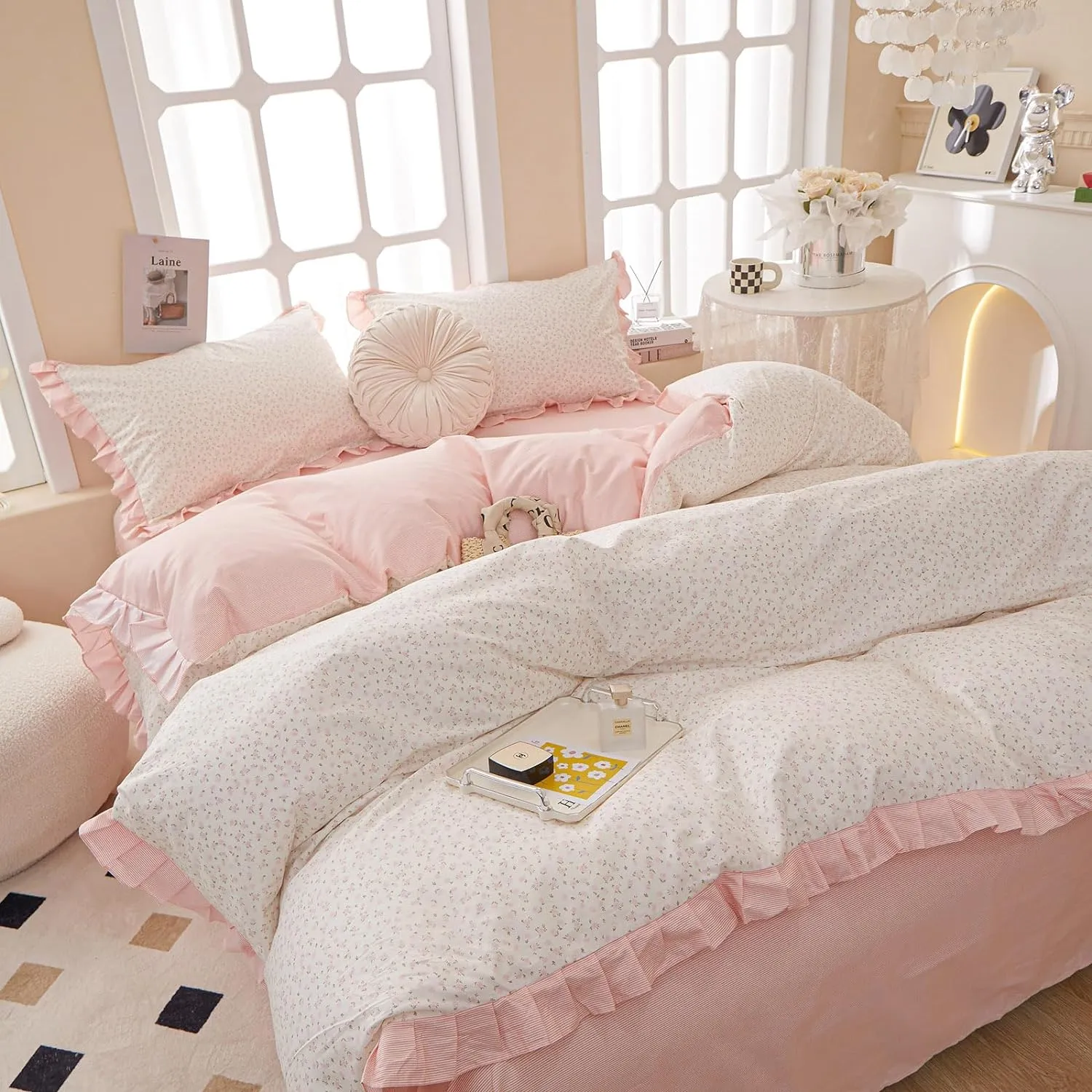 Pink Floral Queen Duvet Cover Pink Ruffle Coquette Comforter Cover Queen Size Cotton Boho Aesthetic Cute Duvet Cover Set with 4 Corner Ties Soft Queen Bedding Set Striped Duvet Protector