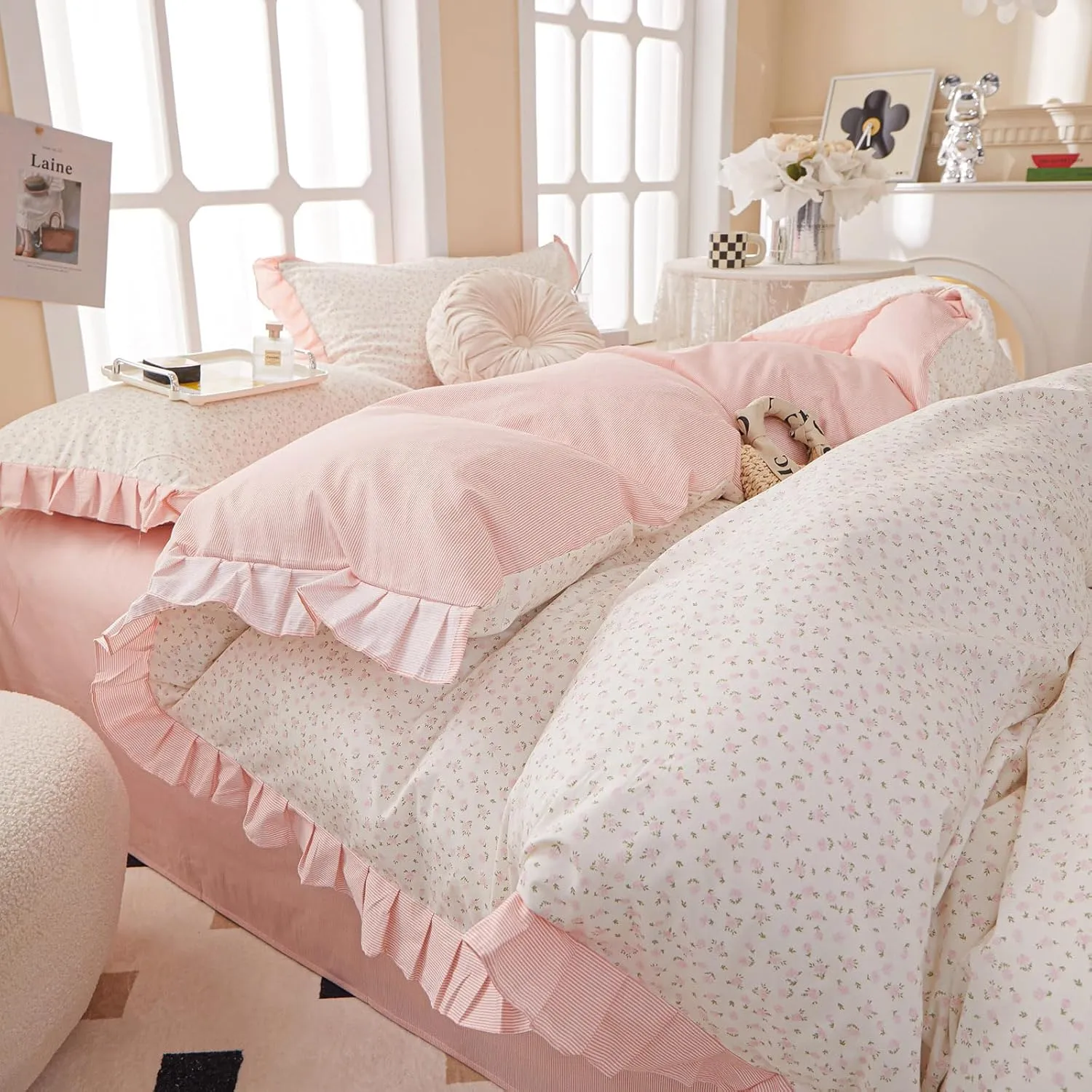 Pink Floral Queen Duvet Cover Pink Ruffle Coquette Comforter Cover Queen Size Cotton Boho Aesthetic Cute Duvet Cover Set with 4 Corner Ties Soft Queen Bedding Set Striped Duvet Protector