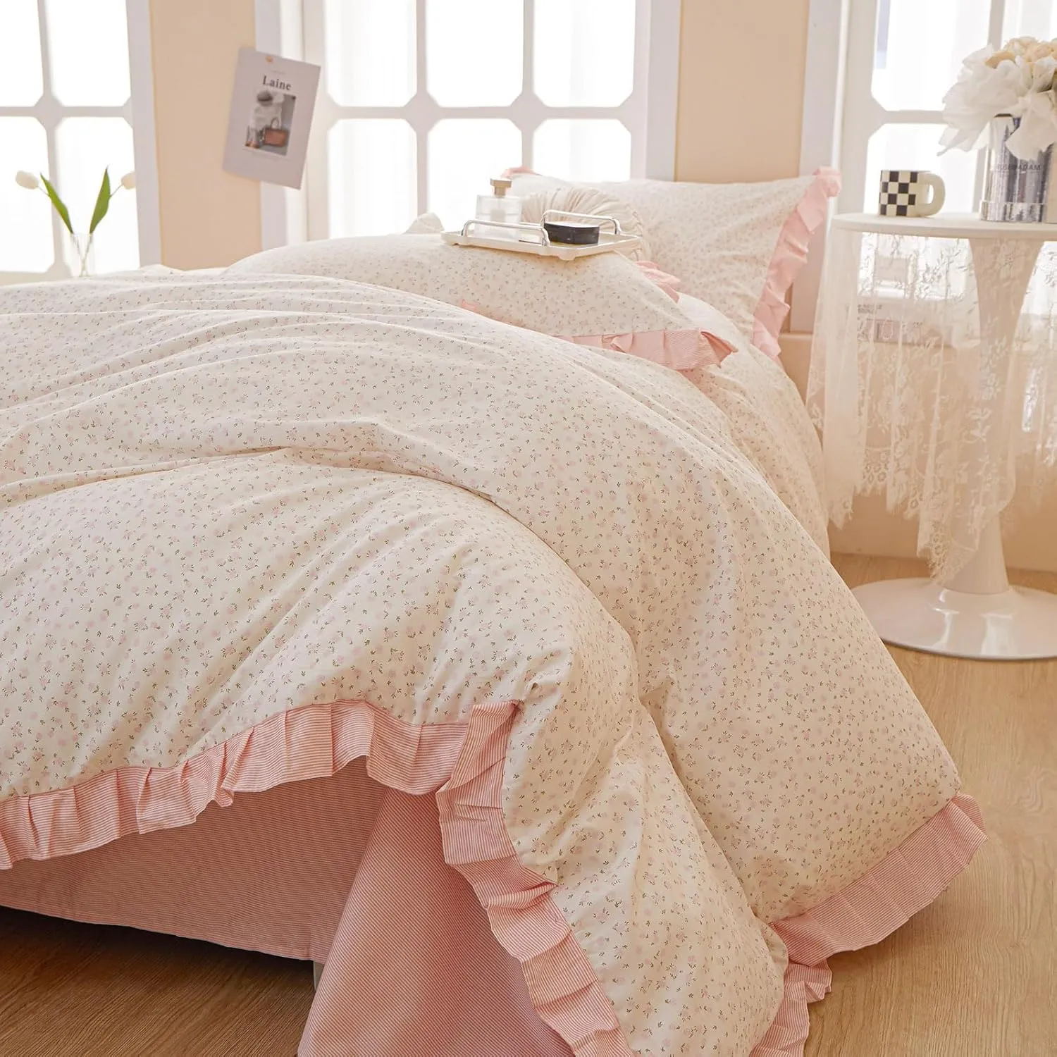 Pink Floral Queen Duvet Cover Pink Ruffle Coquette Comforter Cover Queen Size Cotton Boho Aesthetic Cute Duvet Cover Set with 4 Corner Ties Soft Queen Bedding Set Striped Duvet Protector