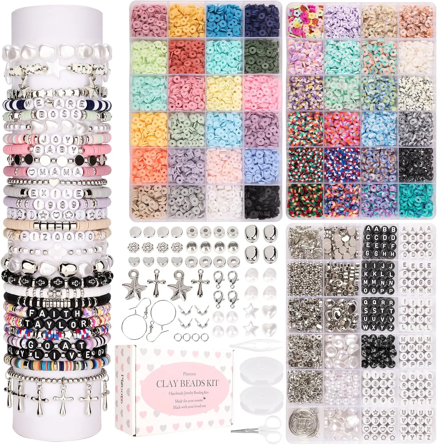Pizooro Bracelet Making Kit 3 Boxes,Clay Beads for Jewelry Making,Silver Letter Bead with Cross Charm,Silver Earrings and Elastic String,Friendship Bracelet for Women,Birthday Gifts for Women Girls