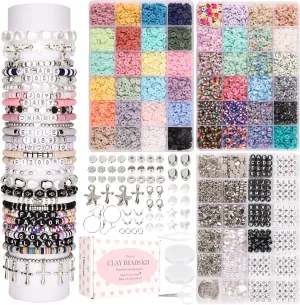 Pizooro Bracelet Making Kit 3 Boxes,Clay Beads for Jewelry Making,Silver Letter Bead with Cross Charm,Silver Earrings and Elastic String,Friendship Bracelet for Women,Birthday Gifts for Women Girls