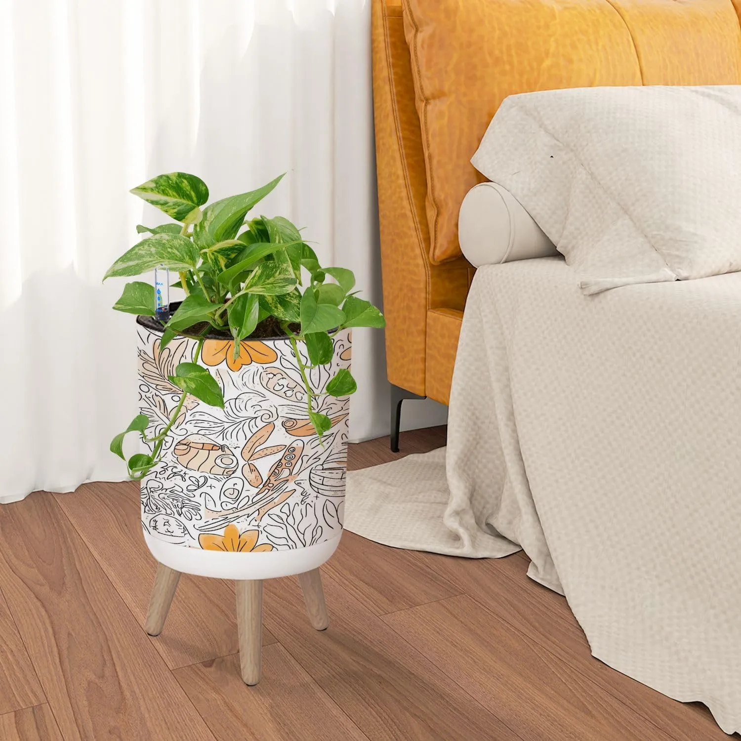 Planter with Stand Tracery seamless calming pattern Mehndi Ethnic monochrome binary 8.6" Self Watering Plant Pot with Legs Water Level Indicator & Water Inlet Lazy Flower Pot Indoor Modern Decor