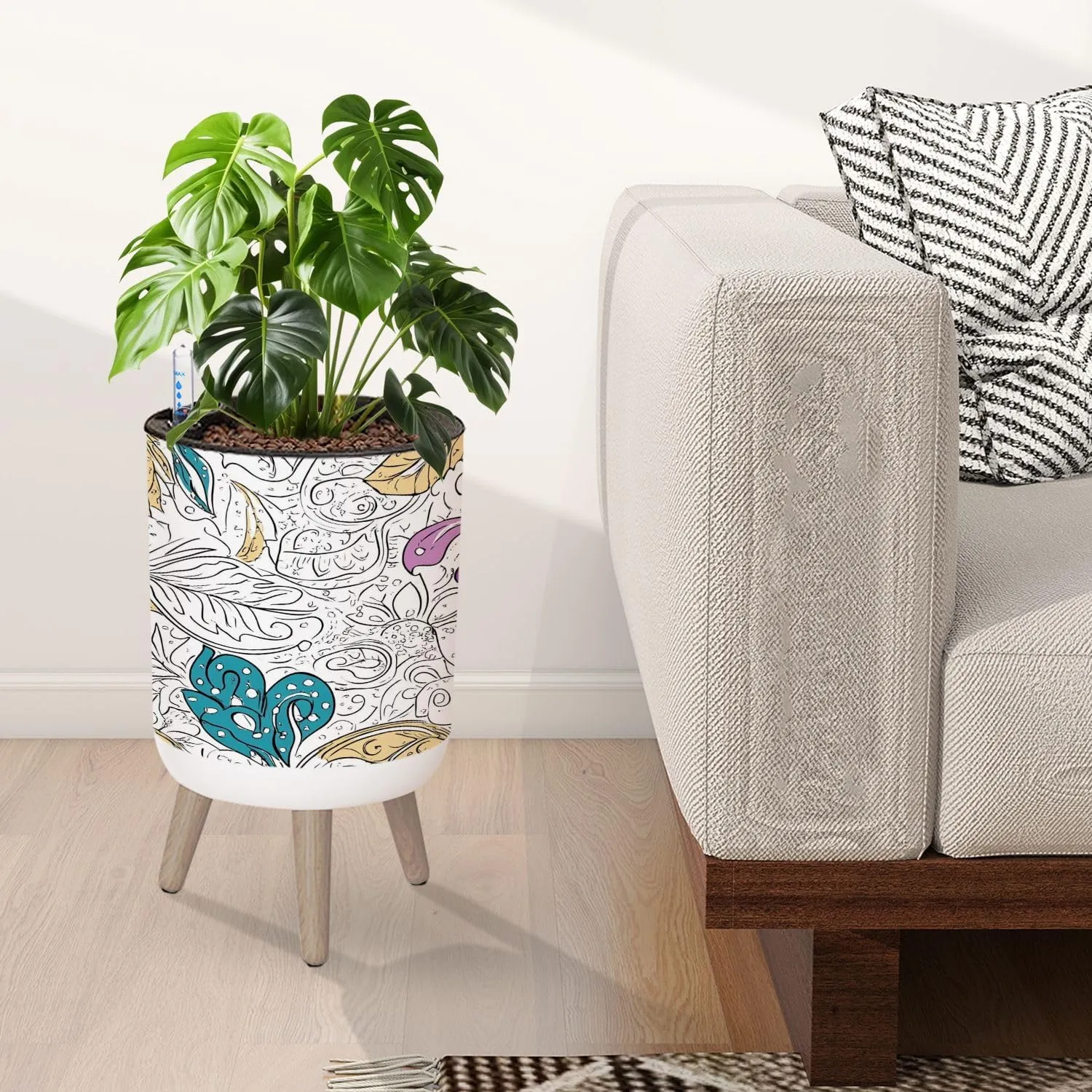 Planter with Stand Tracery seamless calming pattern Mehndi Ethnic monochrome binary 8.6" Self Watering Plant Pot with Legs Water Level Indicator & Water Inlet Lazy Flower Pot Indoor Modern Decor