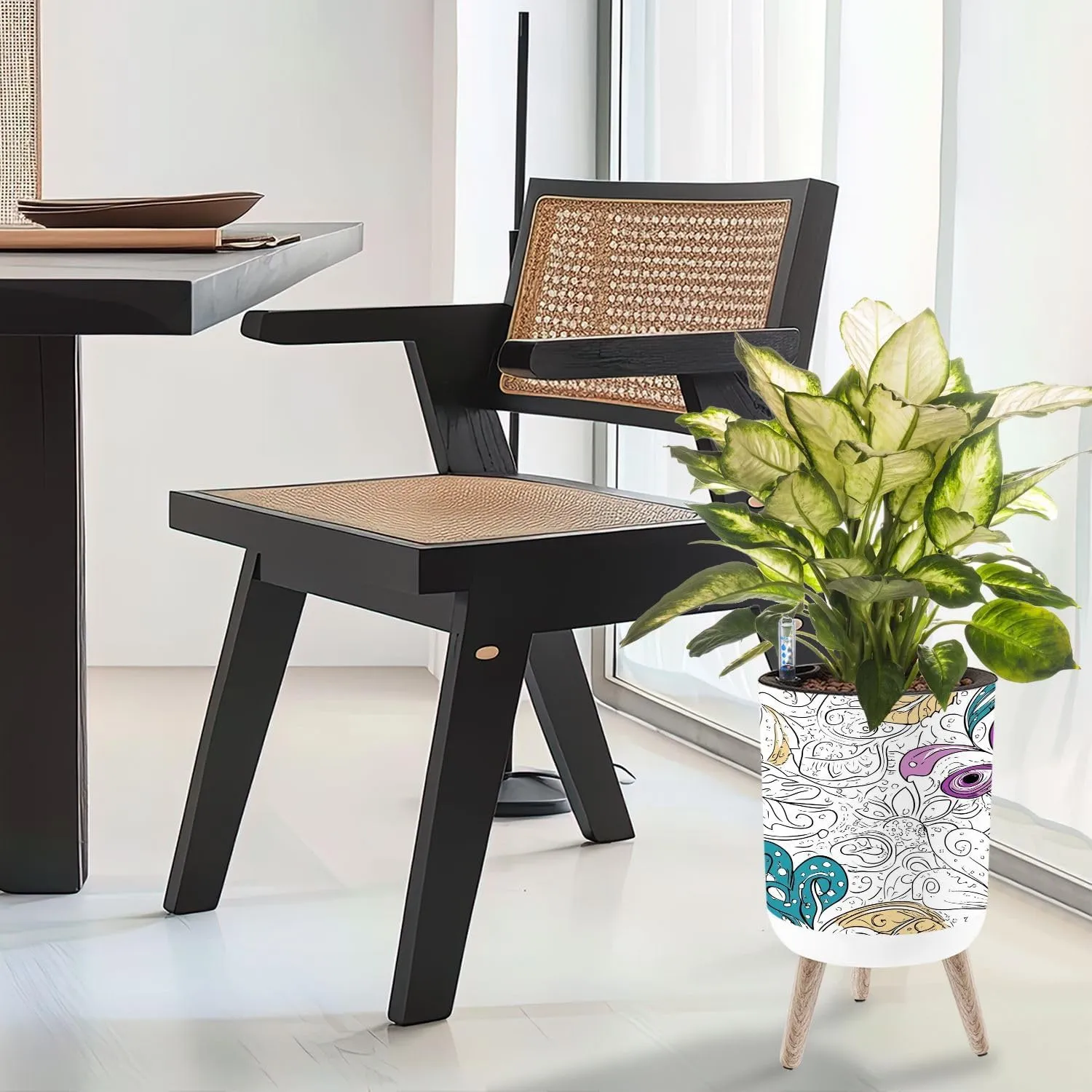 Planter with Stand Tracery seamless calming pattern Mehndi Ethnic monochrome binary 8.6" Self Watering Plant Pot with Legs Water Level Indicator & Water Inlet Lazy Flower Pot Indoor Modern Decor