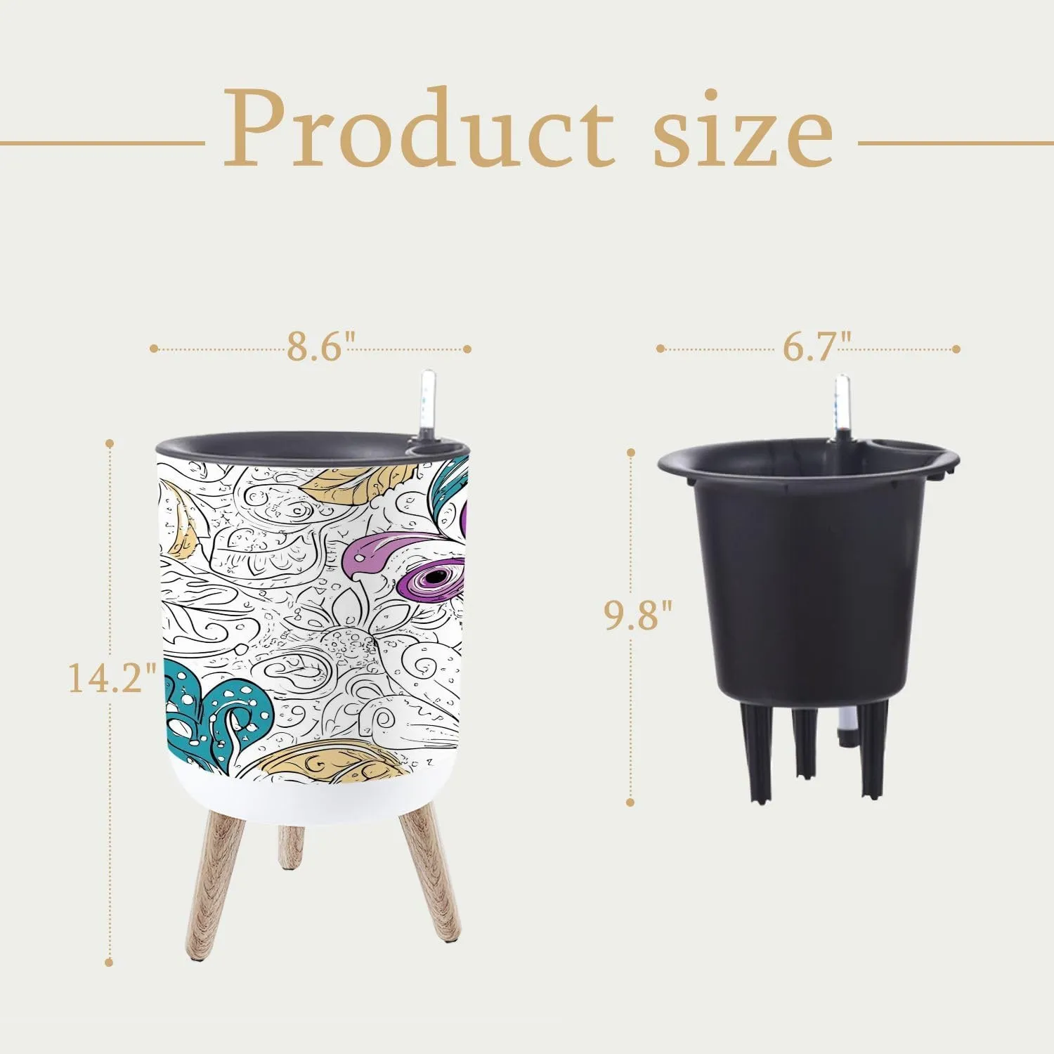 Planter with Stand Tracery seamless calming pattern Mehndi Ethnic monochrome binary 8.6" Self Watering Plant Pot with Legs Water Level Indicator & Water Inlet Lazy Flower Pot Indoor Modern Decor