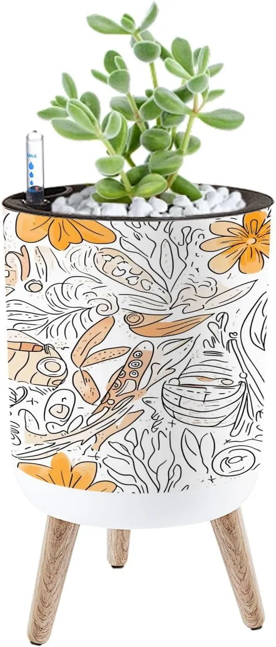 Planter with Stand Tracery seamless calming pattern Mehndi Ethnic monochrome binary 8.6" Self Watering Plant Pot with Legs Water Level Indicator & Water Inlet Lazy Flower Pot Indoor Modern Decor