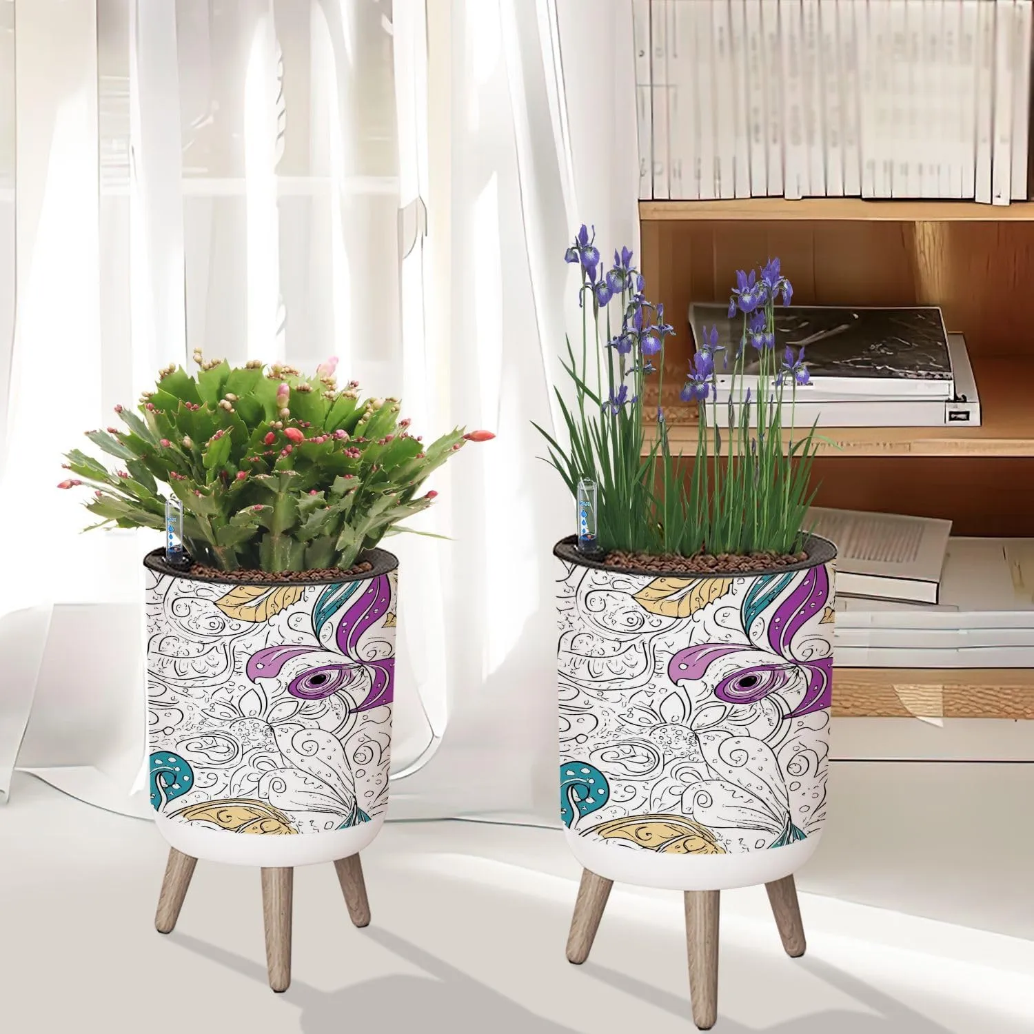 Planter with Stand Tracery seamless calming pattern Mehndi Ethnic monochrome binary 8.6" Self Watering Plant Pot with Legs Water Level Indicator & Water Inlet Lazy Flower Pot Indoor Modern Decor