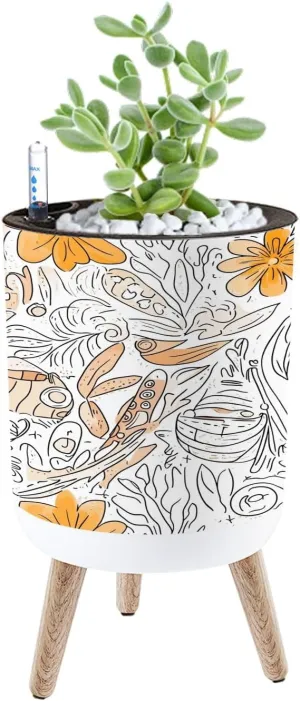 Planter with Stand Tracery seamless calming pattern Mehndi Ethnic monochrome binary 8.6" Self Watering Plant Pot with Legs Water Level Indicator & Water Inlet Lazy Flower Pot Indoor Modern Decor