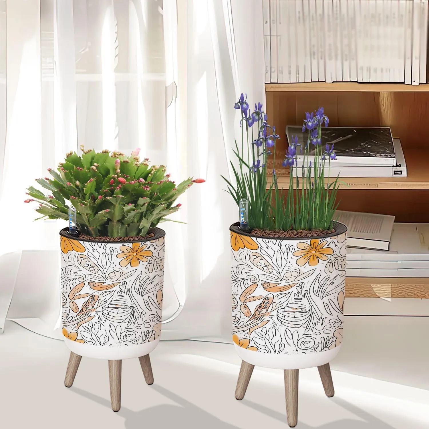 Planter with Stand Tracery seamless calming pattern Mehndi Ethnic monochrome binary 8.6" Self Watering Plant Pot with Legs Water Level Indicator & Water Inlet Lazy Flower Pot Indoor Modern Decor