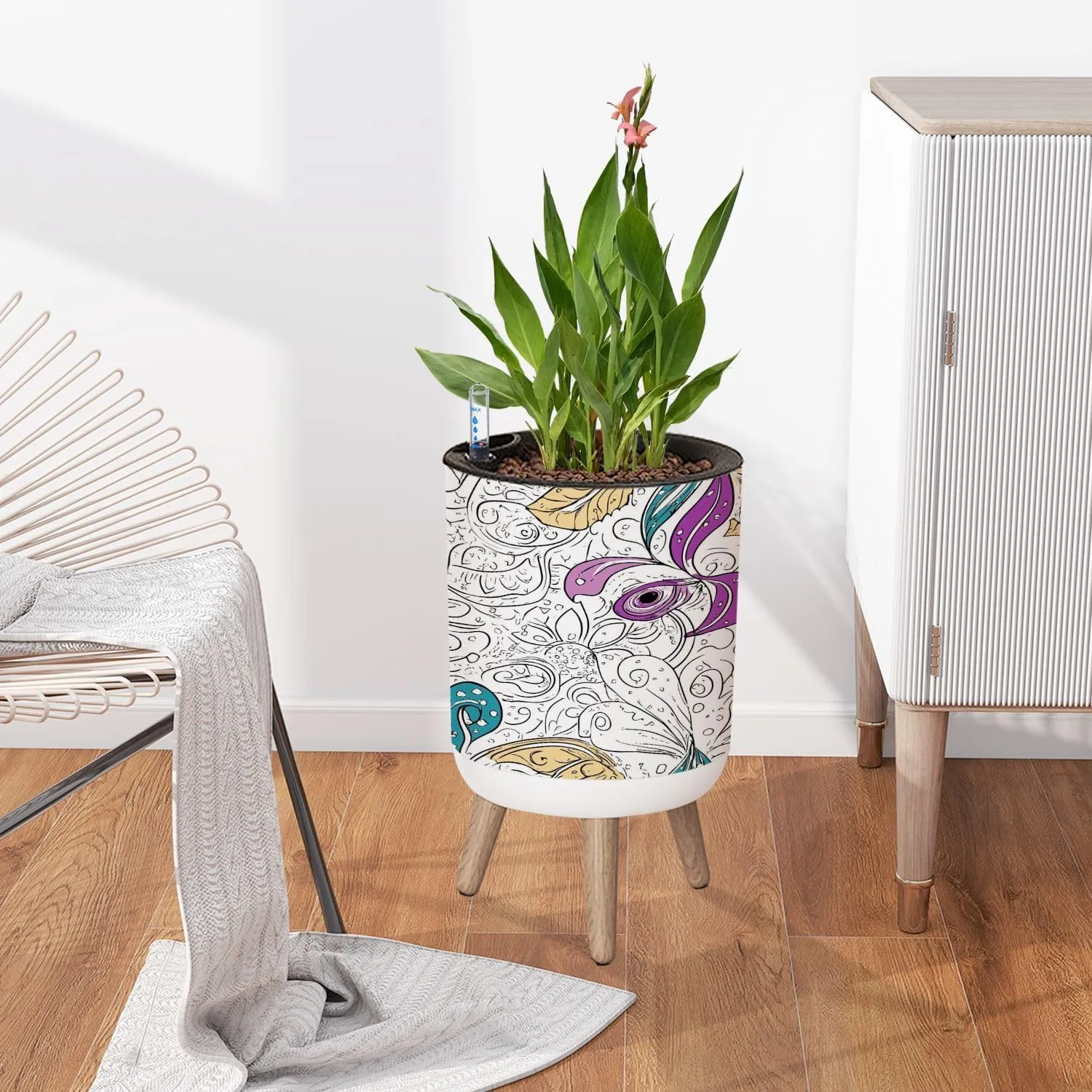Planter with Stand Tracery seamless calming pattern Mehndi Ethnic monochrome binary 8.6" Self Watering Plant Pot with Legs Water Level Indicator & Water Inlet Lazy Flower Pot Indoor Modern Decor