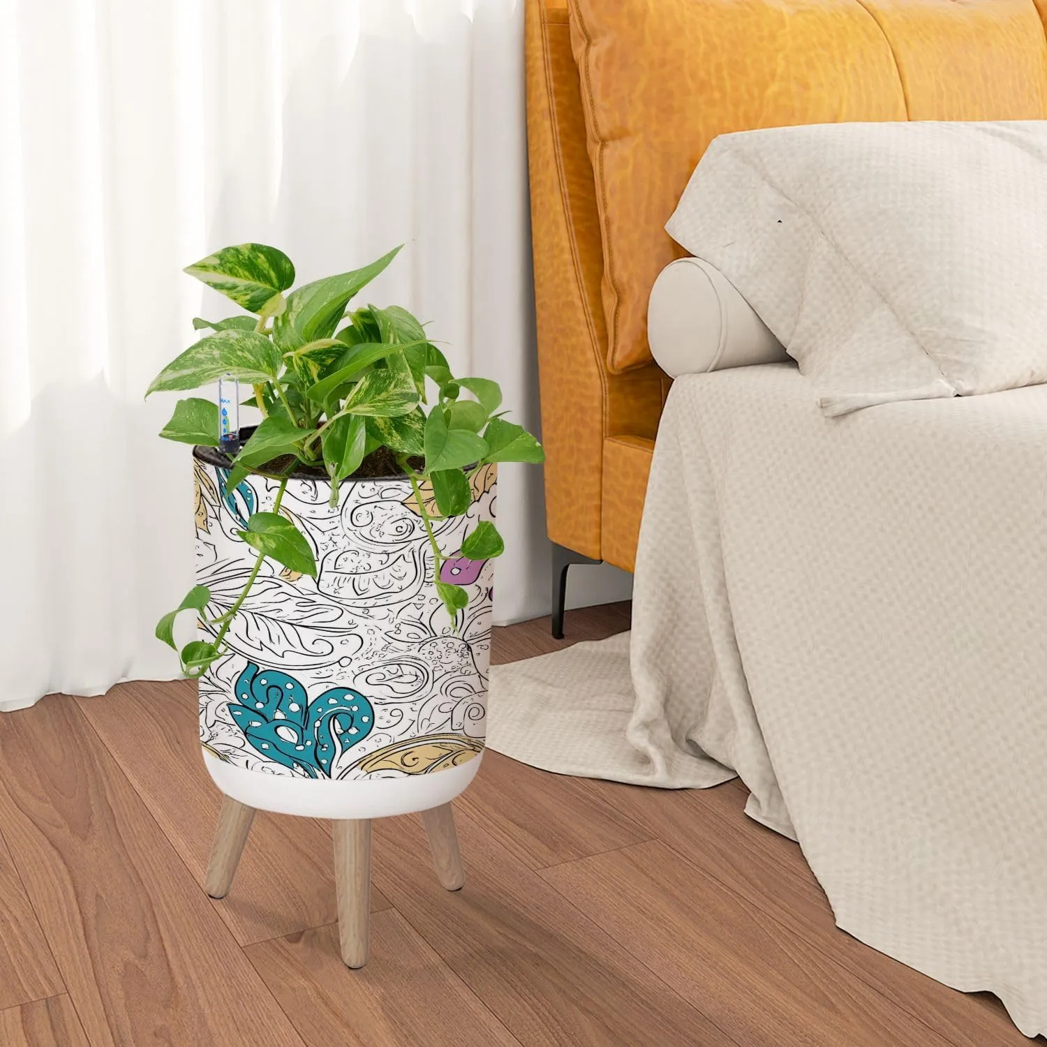 Planter with Stand Tracery seamless calming pattern Mehndi Ethnic monochrome binary 8.6" Self Watering Plant Pot with Legs Water Level Indicator & Water Inlet Lazy Flower Pot Indoor Modern Decor