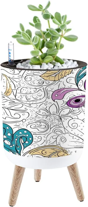 Planter with Stand Tracery seamless calming pattern Mehndi Ethnic monochrome binary 8.6" Self Watering Plant Pot with Legs Water Level Indicator & Water Inlet Lazy Flower Pot Indoor Modern Decor