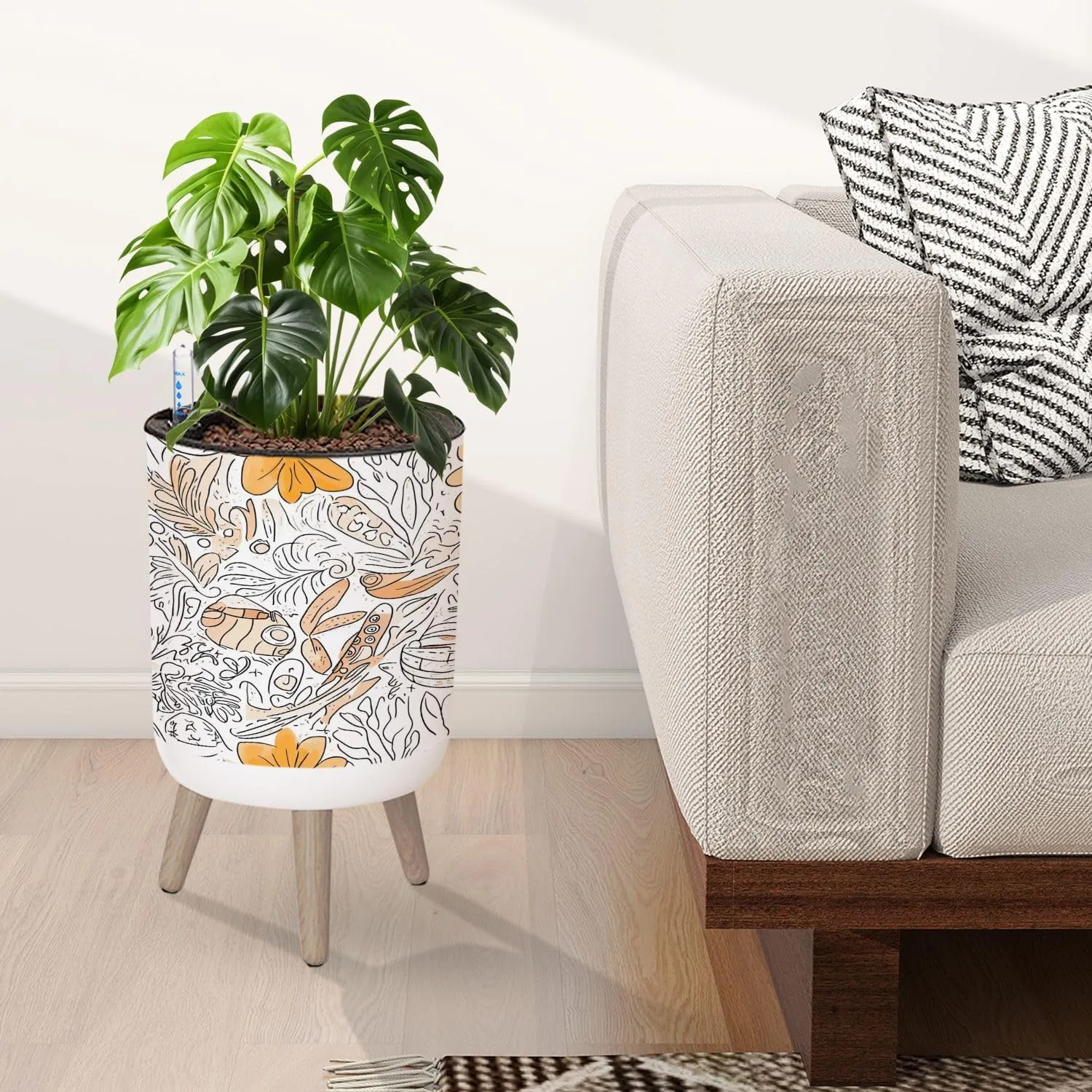 Planter with Stand Tracery seamless calming pattern Mehndi Ethnic monochrome binary 8.6" Self Watering Plant Pot with Legs Water Level Indicator & Water Inlet Lazy Flower Pot Indoor Modern Decor