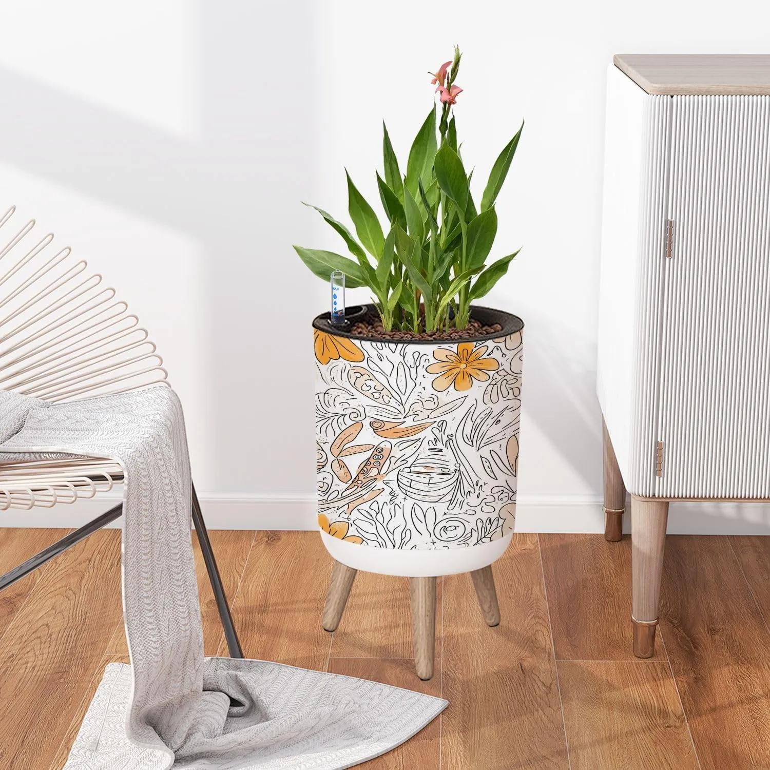 Planter with Stand Tracery seamless calming pattern Mehndi Ethnic monochrome binary 8.6" Self Watering Plant Pot with Legs Water Level Indicator & Water Inlet Lazy Flower Pot Indoor Modern Decor