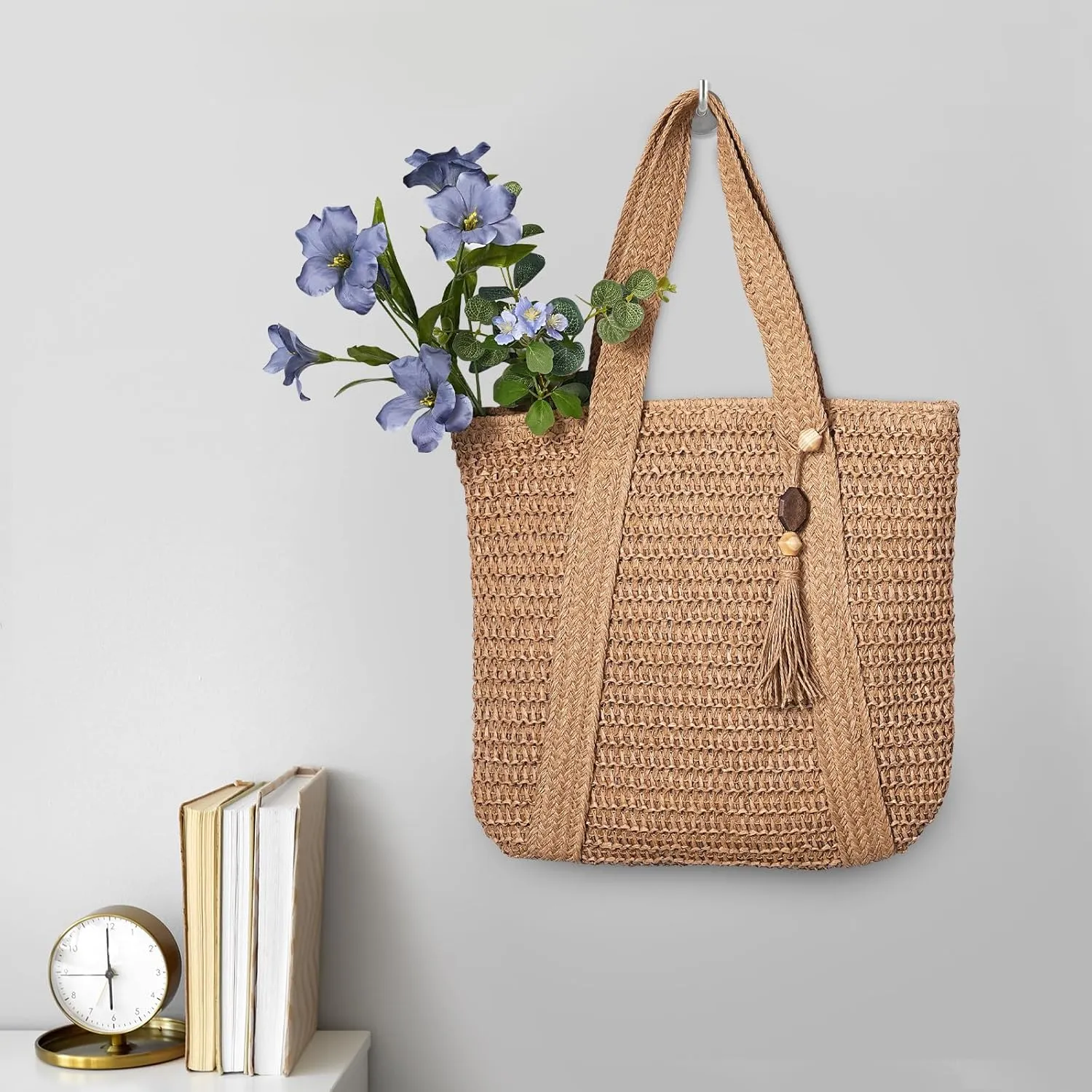 Pleneal Straw Beach Bags for Women - Women Beach Handmade Woven Tote Bag, Summer Mesh Hollow Shoulder Bag for Holiday