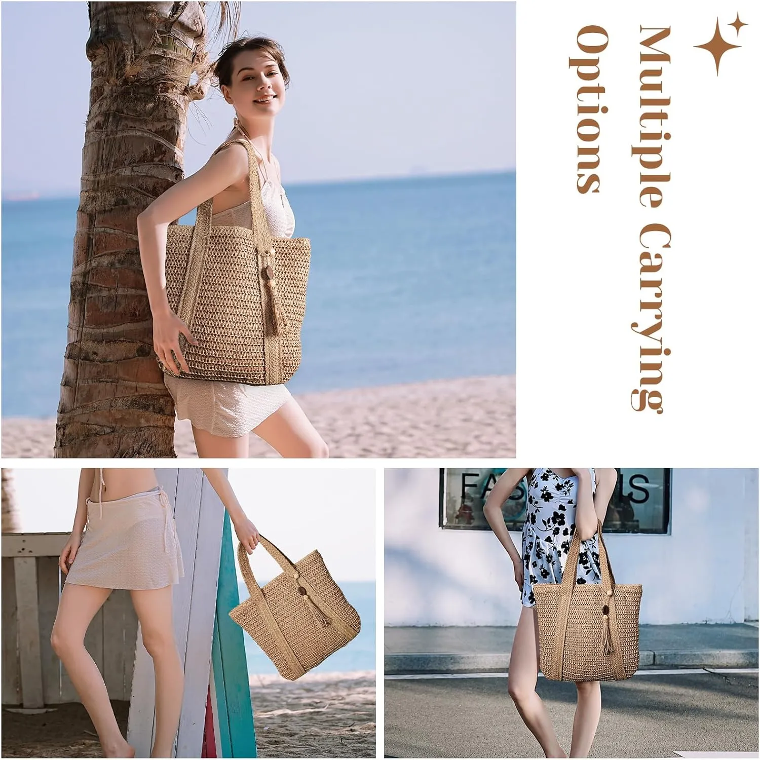 Pleneal Straw Beach Bags for Women - Women Beach Handmade Woven Tote Bag, Summer Mesh Hollow Shoulder Bag for Holiday