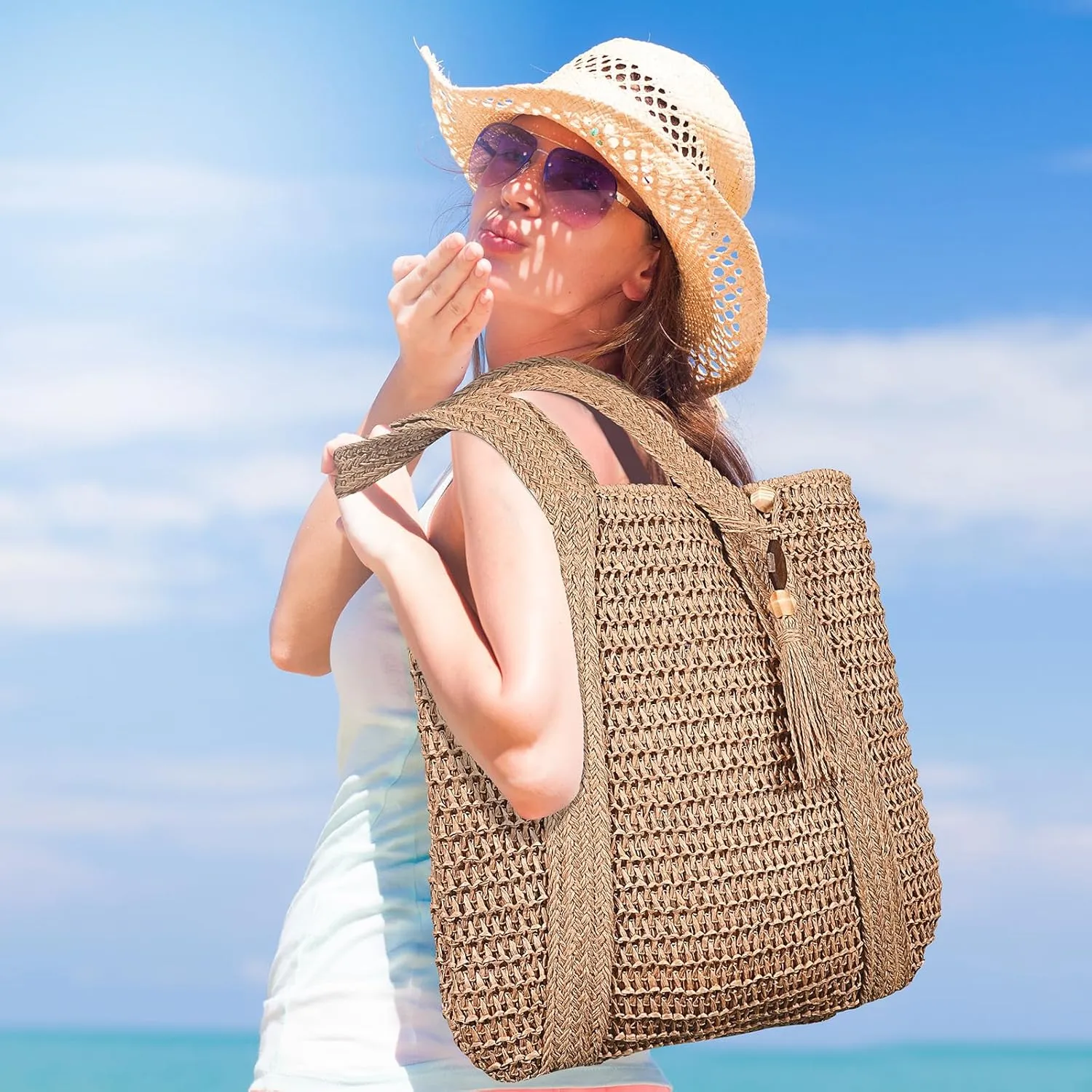 Pleneal Straw Beach Bags for Women - Women Beach Handmade Woven Tote Bag, Summer Mesh Hollow Shoulder Bag for Holiday