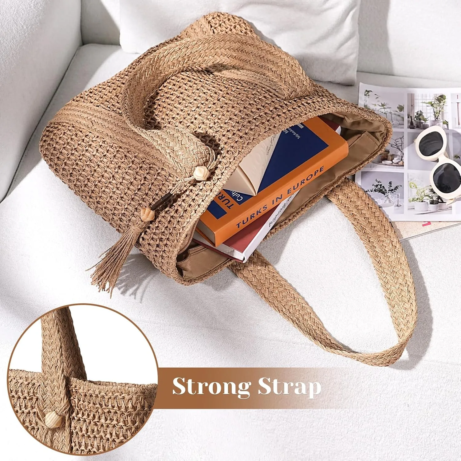 Pleneal Straw Beach Bags for Women - Women Beach Handmade Woven Tote Bag, Summer Mesh Hollow Shoulder Bag for Holiday