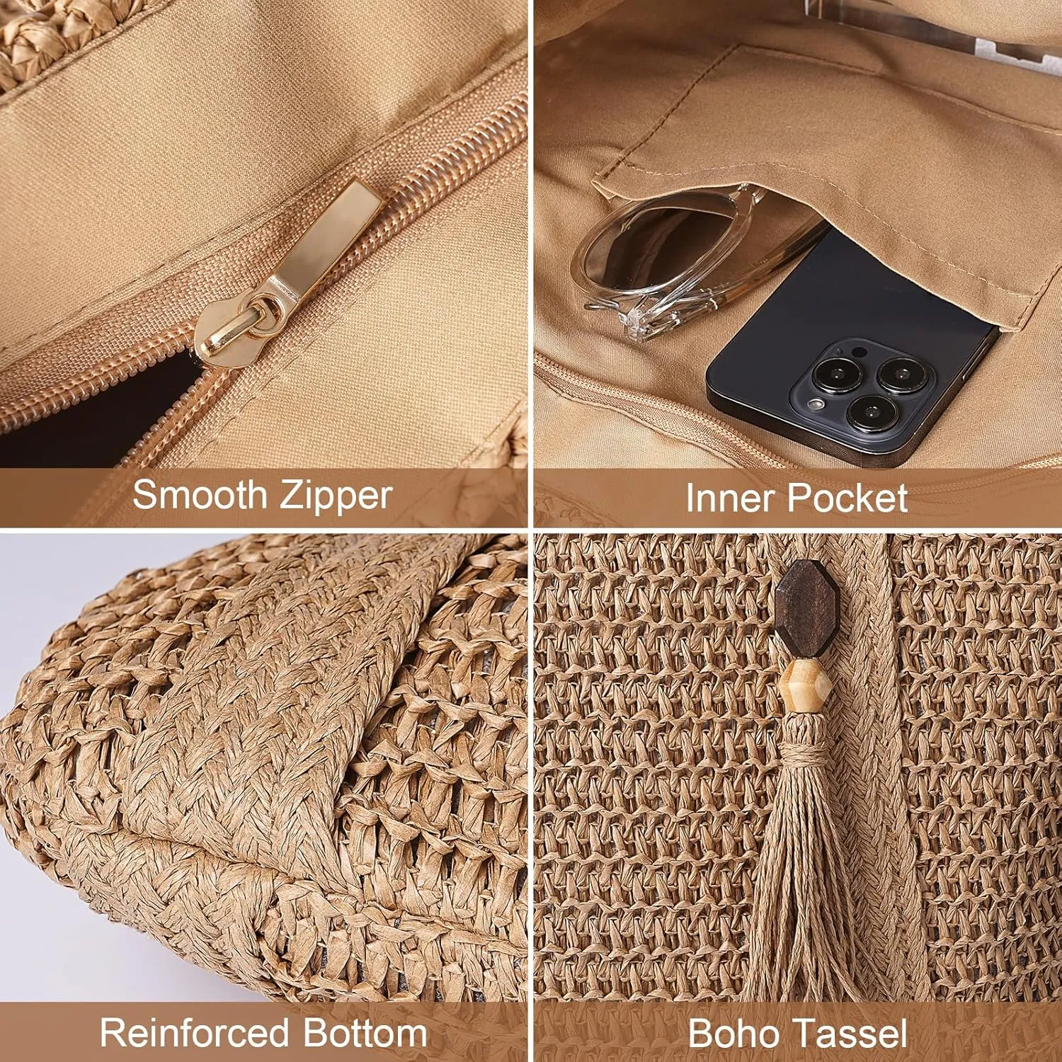 Pleneal Straw Beach Bags for Women - Women Beach Handmade Woven Tote Bag, Summer Mesh Hollow Shoulder Bag for Holiday
