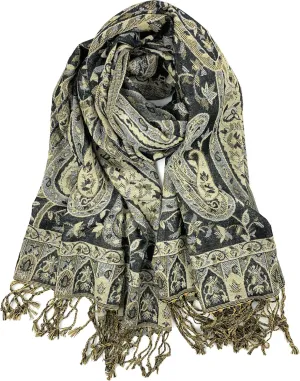 Plum Feathers Tapestry Ethnic Paisley Pattern Pashmina Shawl Scarf, Womens Pashmina Shawl Wrap with Fringes