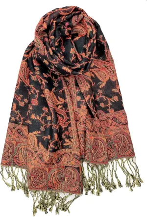Plum Feathers Tapestry Ethnic Paisley Pattern Pashmina Shawl Scarf, Womens Pashmina Shawl Wrap with Fringes