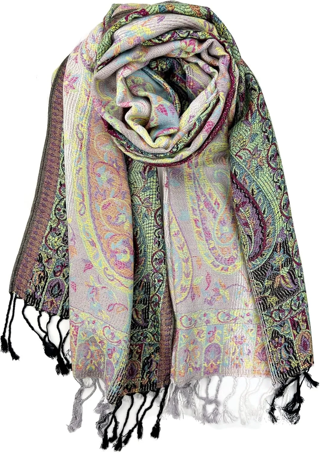Plum Feathers Tapestry Ethnic Paisley Pattern Pashmina Shawl Scarf, Womens Pashmina Shawl Wrap with Fringes