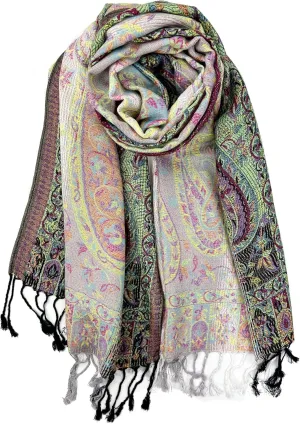 Plum Feathers Tapestry Ethnic Paisley Pattern Pashmina Shawl Scarf, Womens Pashmina Shawl Wrap with Fringes