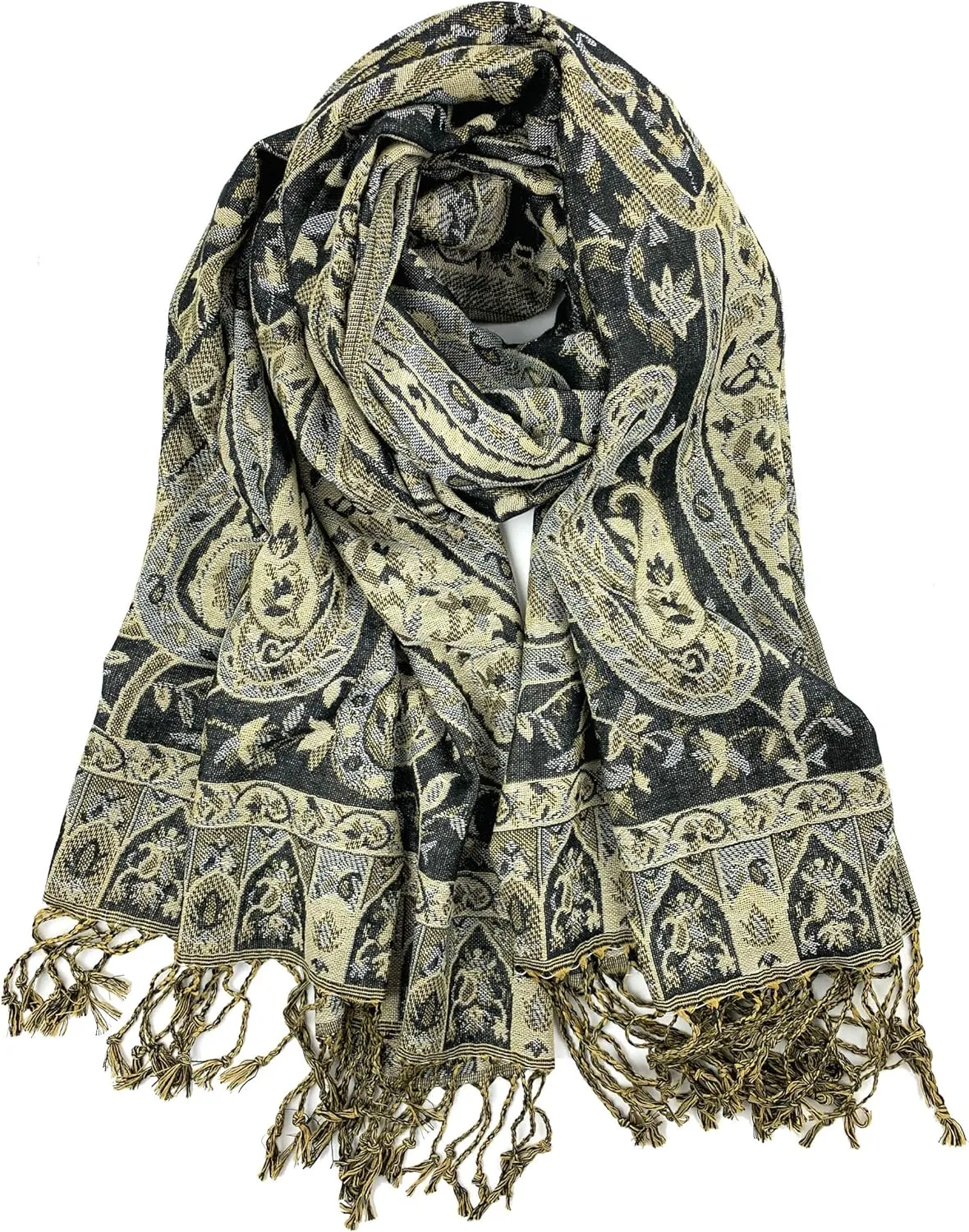 Plum Feathers Tapestry Ethnic Paisley Pattern Pashmina Shawl Scarf, Womens Pashmina Shawl Wrap with Fringes