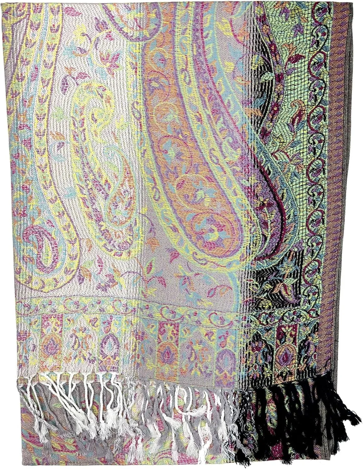 Plum Feathers Tapestry Ethnic Paisley Pattern Pashmina Shawl Scarf, Womens Pashmina Shawl Wrap with Fringes