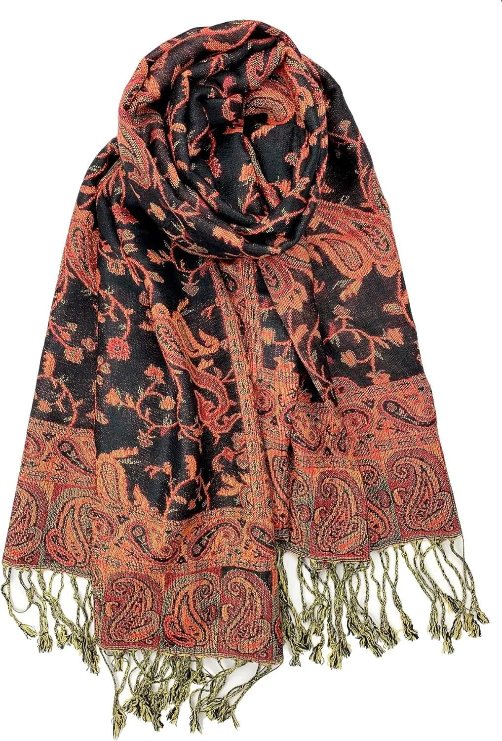 Plum Feathers Tapestry Ethnic Paisley Pattern Pashmina Shawl Scarf, Womens Pashmina Shawl Wrap with Fringes