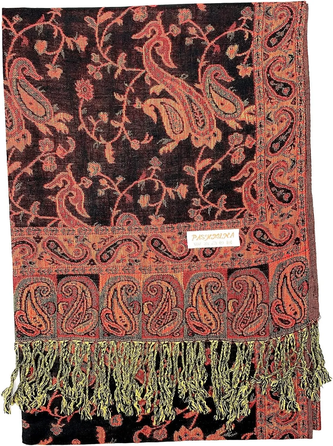 Plum Feathers Tapestry Ethnic Paisley Pattern Pashmina Shawl Scarf, Womens Pashmina Shawl Wrap with Fringes