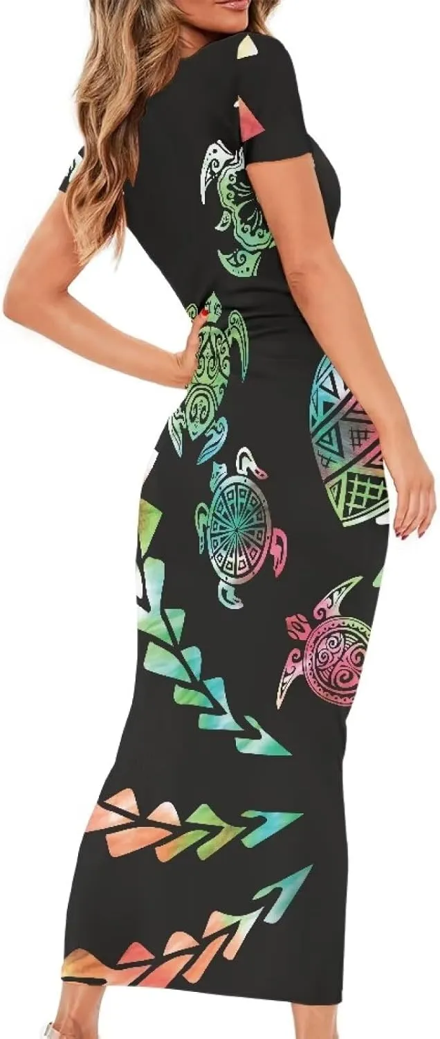 Polynesian Tribal Maxi Dresses for Women Slim Bodycon Casual Dresses Samoan Puletasi Evening Party Dress