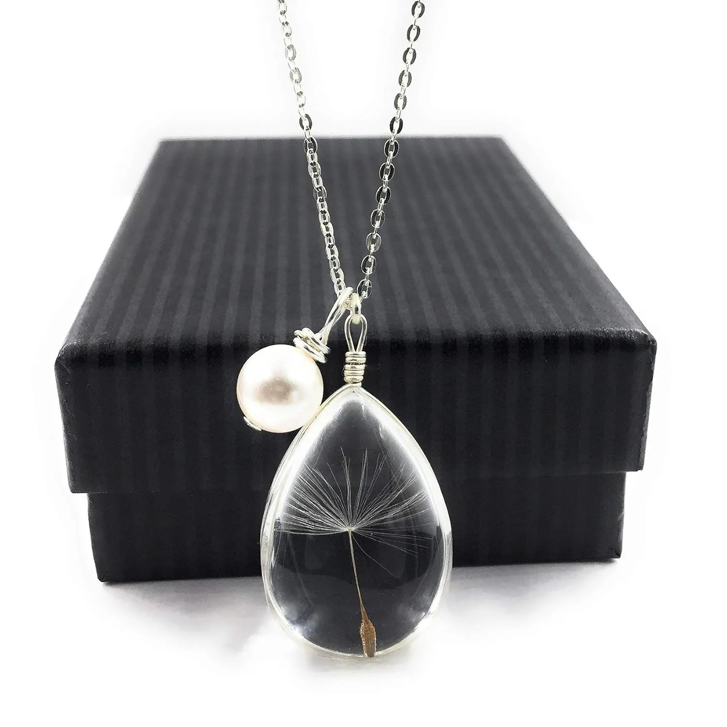 Popular Glass Dandelion Wish Pendant Necklace with Crystal Pearl Charm on 18 Inch Sterling Silver Chain, Beautifully Elegant Gift, by Aimee Tresor Jewelry