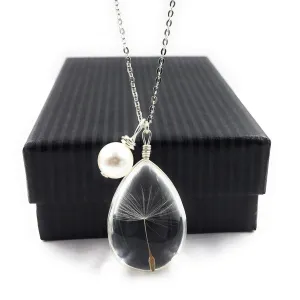 Popular Glass Dandelion Wish Pendant Necklace with Crystal Pearl Charm on 18 Inch Sterling Silver Chain, Beautifully Elegant Gift, by Aimee Tresor Jewelry