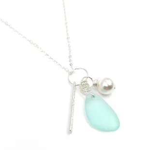 Popular Sea Foam Green Sea Glass Charm Necklace with Solid Sterling Silver Bar Charm, and Crystal Pearl Charm, Perfect Gift, Handmade by Aimee Tresor Jewelry