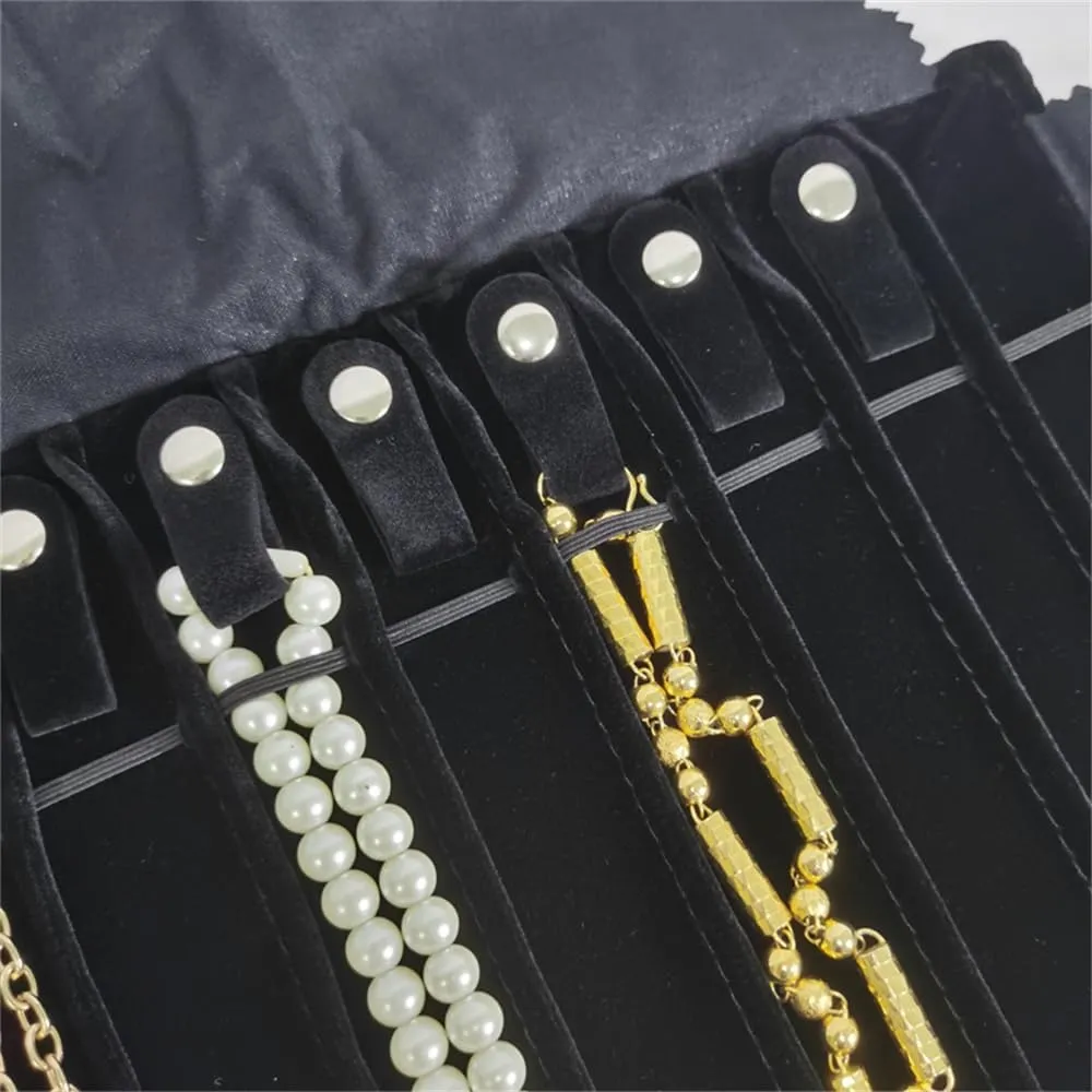 Portable Jewelry Roll Untangled Secure Necklace Travel Storage Bag Displays Holder 16 Chain (Gray PU and Black Velvet)