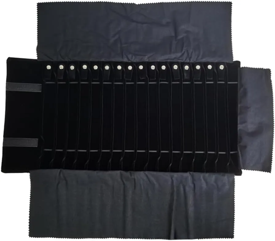 Portable Jewelry Roll Untangled Secure Necklace Travel Storage Bag Displays Holder 16 Chain (Gray PU and Black Velvet)