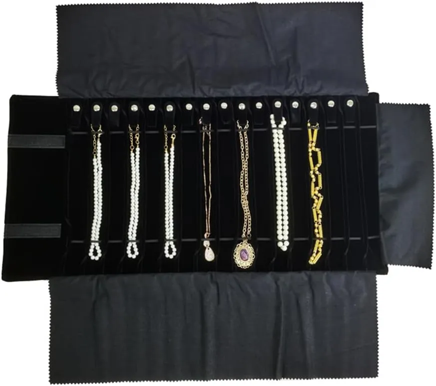 Portable Jewelry Roll Untangled Secure Necklace Travel Storage Bag Displays Holder 16 Chain (Gray PU and Black Velvet)